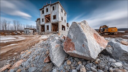 Unfinished building with rubble. Excavator in distance under cloudy sky