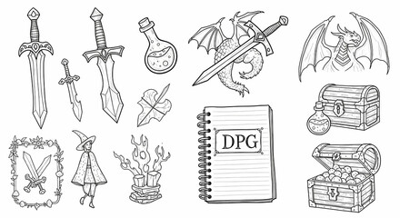 Set of fantasy RPG-themed doodles. Sketchy drawings of swords, potions, dragons, and treasure chests. Dungeons & Dragons notebook style