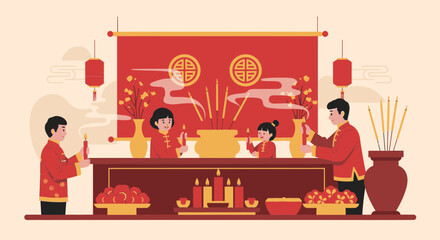 Festive Lunar New Year Celebration With Family Offering Prayers And Incense