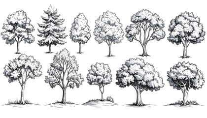 Collection of hand-drawn tree illustrations