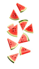 flying on air dynamic Juicy watermelon slices on white background png