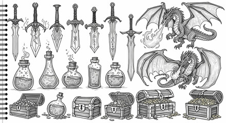 Set of fantasy RPG-themed doodles. Sketchy drawings of swords, potions, dragons, and treasure chests. Dungeons & Dragons notebook style