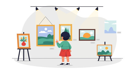 Exploring Colorful Canvases At The Art Gallery Featuring Young Enthusiastic Viewer