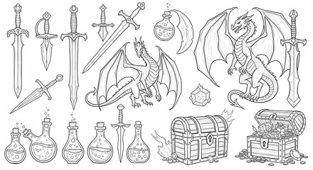 Set of fantasy RPG-themed doodles. Sketchy drawings of swords, potions, dragons, and treasure chests. Dungeons & Dragons notebook style