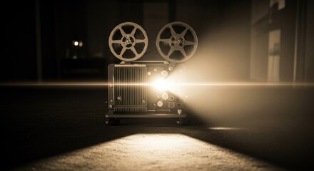 Vintage film projector casting a bright beam of light in a dark room