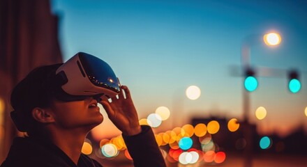VR user looks up, blurred city lights at dusk, innovation focus