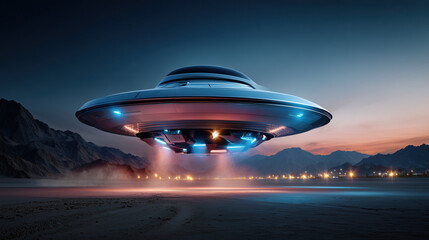 Obraz premium A futuristic spaceship hovers in the sky above a desert landscape during a colorful sunset.