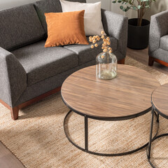 inviting living room setup, a cozy autumn vibe with Mid-Century, and modern influences, a gray textured sofa, neutral orange pillows, a round wooden coffee table sits centrally, relaxing living space.