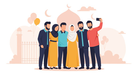 Eid Mubarak Festive Gathering Young Muslim Friends Taking Selfie Together Vector