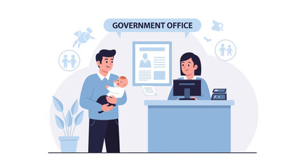 Fototapeta premium Father With Baby At Government Office Receiving Services And Assistance