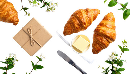 top view Fresh croissant with butter on white background png