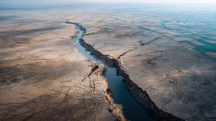 Cracked earth with a river winding through, aerial perspective