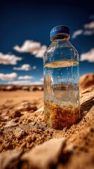 Water bottle on arid land, blue sky, clouds