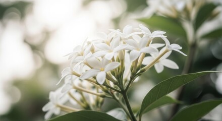 White blossoms in soft focus, luminous and ethereal against green foliage