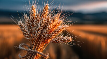 Wheat stalks bundled with twine, field blurred in background