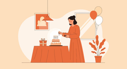 Festive Birthday Celebration Woman Lights Candles on Cake Illustration