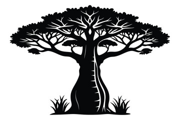 Silhouette Illustration of a Large Baobab Tree with Thick Trunk and Sparse Leaves
