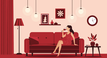 Elegant Woman Enjoys Wine in Her Stylish Minimalist Living Room Illustration