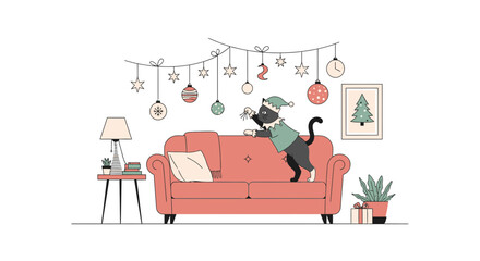 Festive Feline Mischief Cat Decorating Living Room For Christmas Holidays