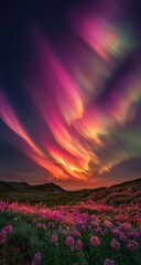 Obraz premium Vibrant Aurora Borealis over blooming wildflowers at sunset