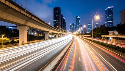 Obraz premium City highway at night with light trails. Modern skyscrapers line the elevated roadway. A light rail or metro system structure is above the highway. Long exposure captures the movement of vehicles