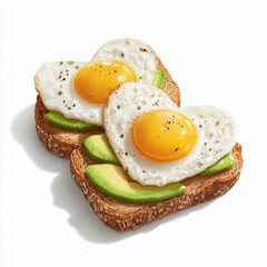 Two toasts with avocado and eggs isolated on a white background