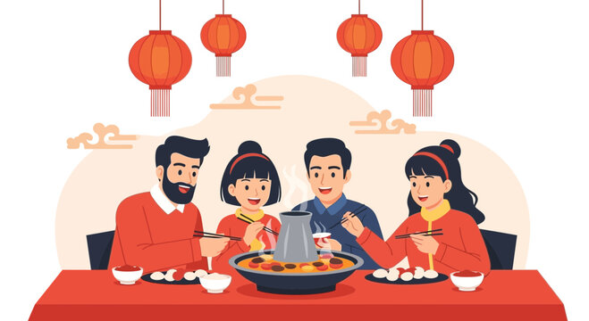 Festive Family Gathering Enjoying Hot Pot Under Chinese Lanterns Decoration