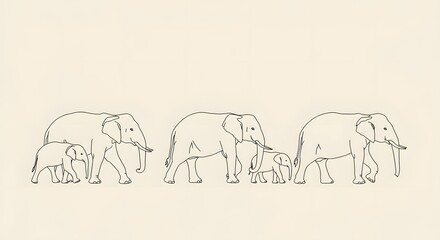 Elephant herd line-art conservation illustration