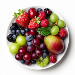 Obraz premium Plate with fresh fruits top view isolated on a white background