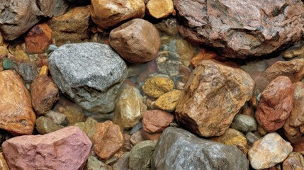 Varied, colorful river rocks submerged beneath clear, shallow water surface