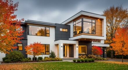 Modern luxury home with vibrant autumn foliage
