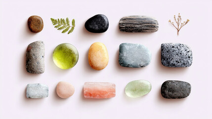 Set, collection of natural stones of different shapes and colors with plant branches isolated on a light background