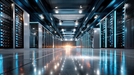 A modern data center with rows of server racks and bright blue lights.