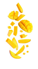 flying on air dynamic Juicy mango slices on white background png