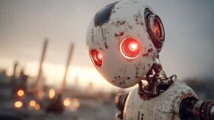 Worn, white, round-headed robot with glowing red eyes stares forlornly