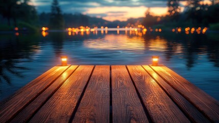 Wooden dock with lights overlooking water at dusk. Reflective surface