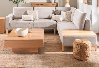 Autumn-themed living room with a Mid-Century and rustic modern design, soft grey sectional sofas,...