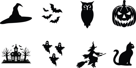 set of halloween element silhouette collection. Black and white vector editable file. pumpkin, ghost, cat, cauldron, horror house, female witch ride, owl, raven bird, skeleton, spider, witch hat