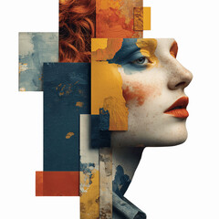 Stylized editorial illustration of a modern female figure with vibrant geometric overlays in pop art style expression on transparent background