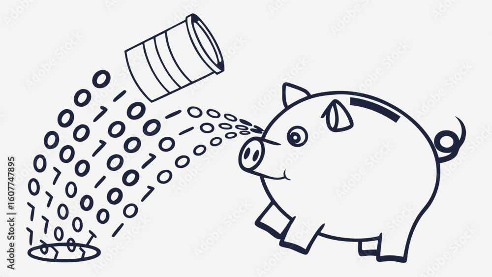 Poster digital economy savings concept: binary data flowing into piggy bank, symbolizing tech investment, d
