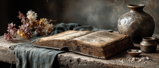 Old book on rustic table with pottery