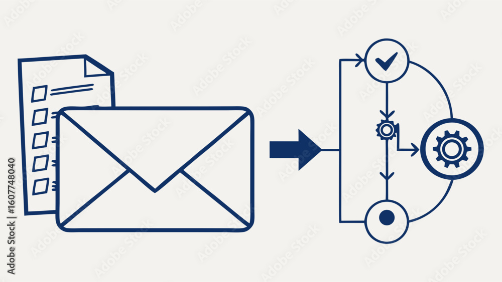 Poster email automation workflow and data processing concept illustration for business efficiency and digit