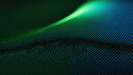 Abstract textured surface with green blue light gradient, futuristic wave pattern in macro view, digital landscape with glowing flow and fine structure
