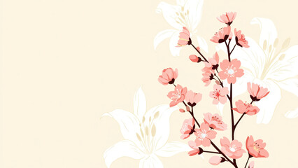 Minimal cherry blossom branch illustration on soft beige background, delicate floral art with light lilies, spring-inspired botanical design, elegant nature graphic