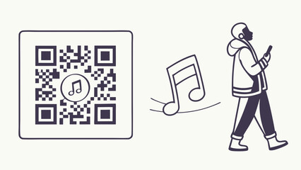 QR Code to Music: Digital Audio Access via Smartphone. Illustration of Person Scanning and Listening to Playlists, Podcasts, or Sound Content with ...