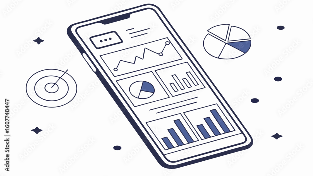 Poster mobile data analytics dashboard illustration: smartphone displaying business charts, statistics, and