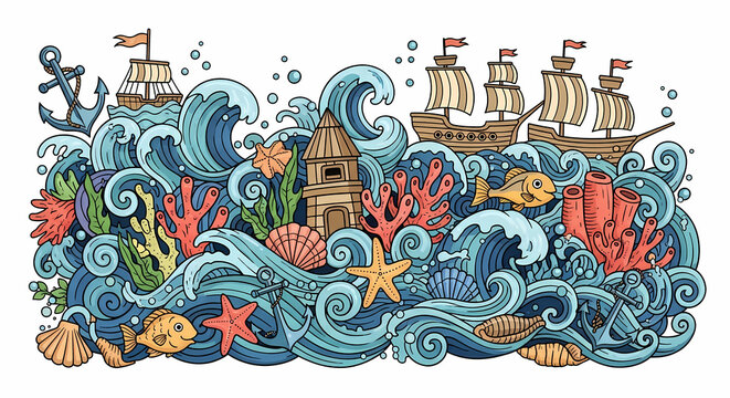 Playful hand-drawn ocean and marine life illustrations. Doodle art of waves, seashells, anchors, and pirate ships. Nautical ink sketch style