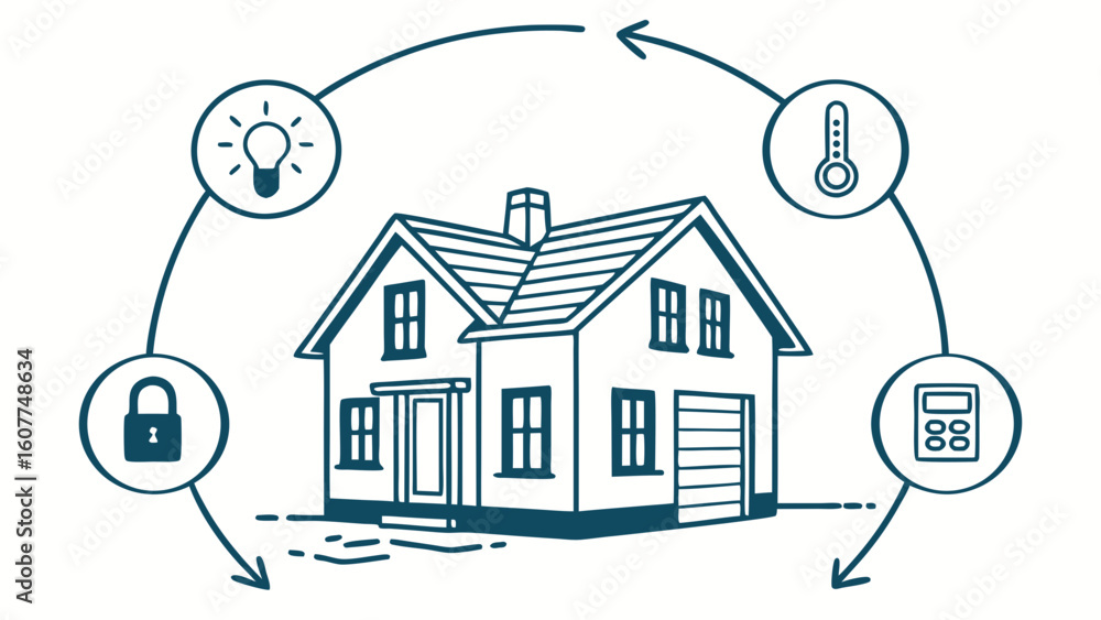 Poster smart home automation system with connected devices and centralized control. modern residential tech