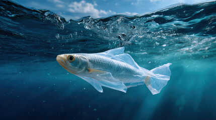 A fish struggles to swim, trapped inside a discarded plastic bag in the ocean.