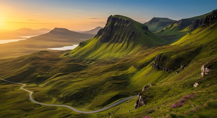 Fototapeta premium Captivating mountain peaks and a serene winding road traverse a vast landscape, bathed in the ethereal golden sunrise glow, an unforgettable natural view.